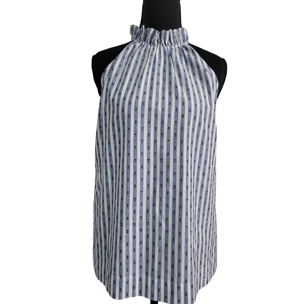 Waverly Grey Blue White Striped Halter Top Ruffle Neck Metallic Blouse Womens XL